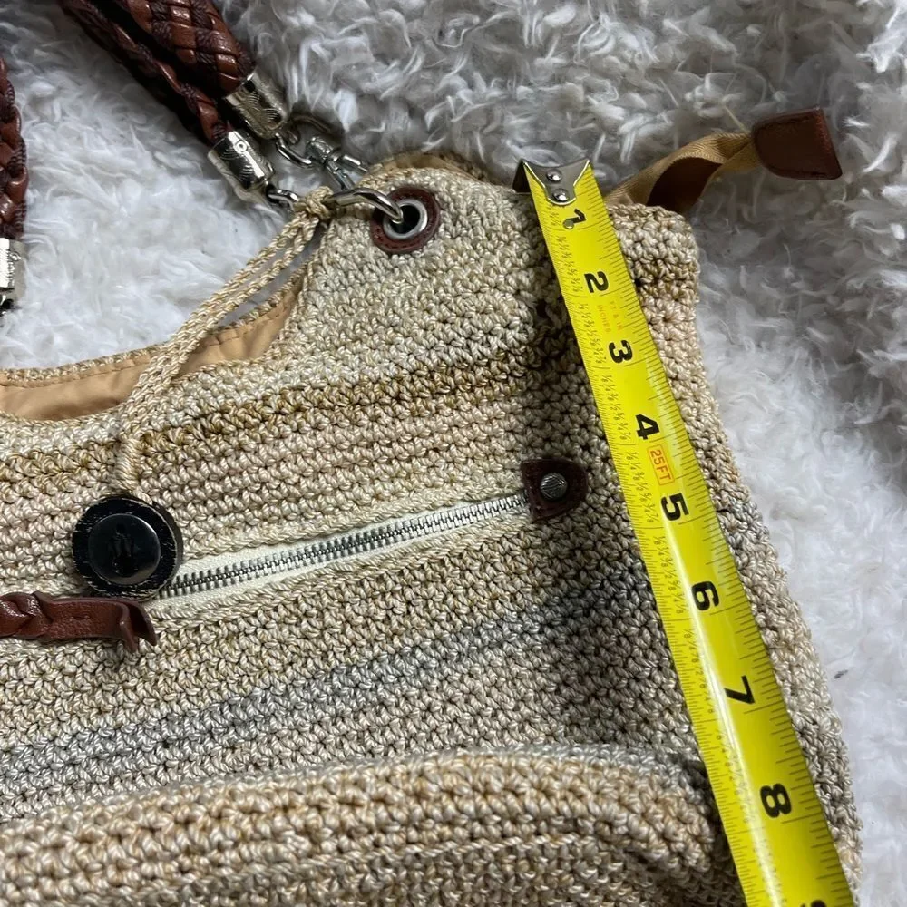 The SAK Crochet Sand,gray &khaki bucket style shoulder bag braided brown straps
